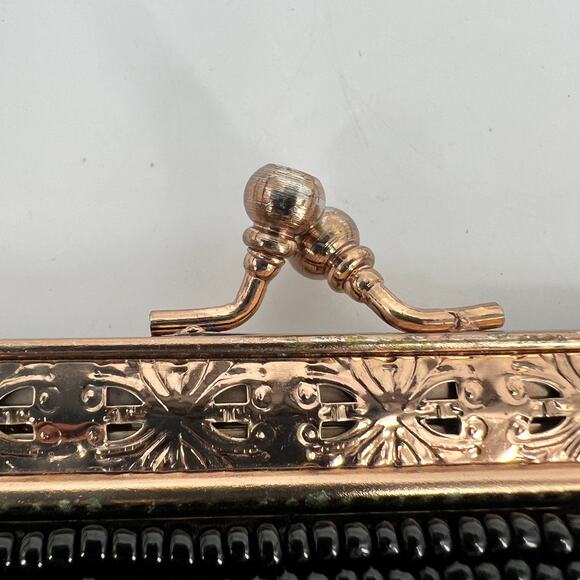 Vintage Beaded Handbag Purse Small Black Pink Floral Kiss Lock Chain Strap - Picture 5 of 11